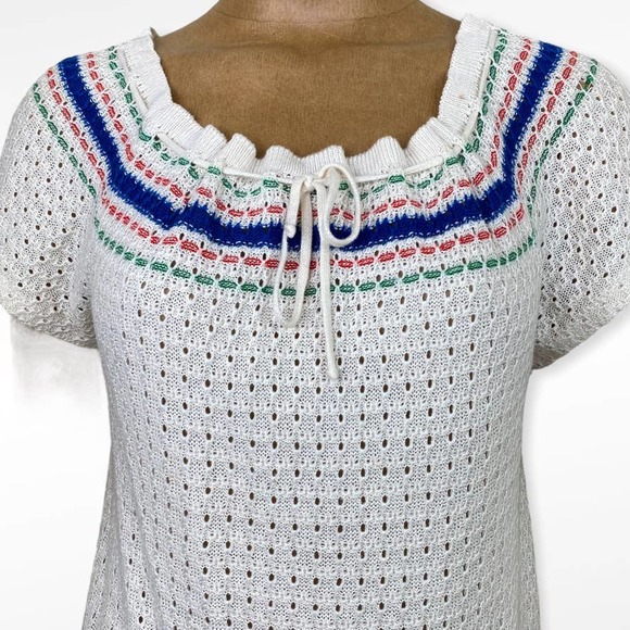 Vintage Crocheted Peasant Blouse Short Sleeve Knit Top - Picture 2 of 11